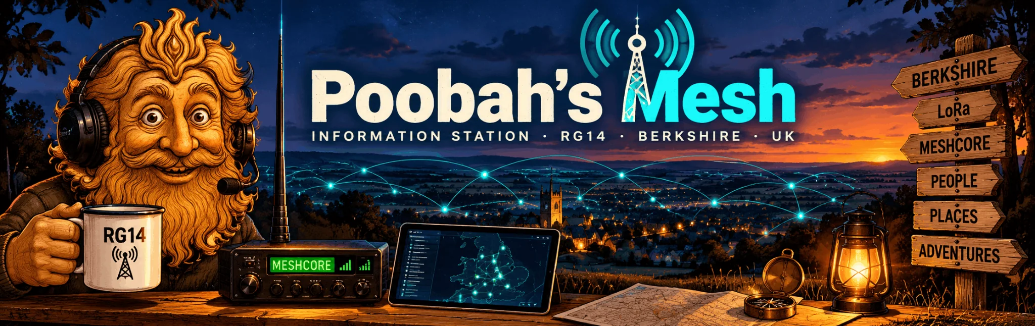 Poobah wearing a radio headset, with a MeshCore radio and a Berkshire landscape joined by glowing mesh radio links. Poobah's Mesh, Information Station, RG14.